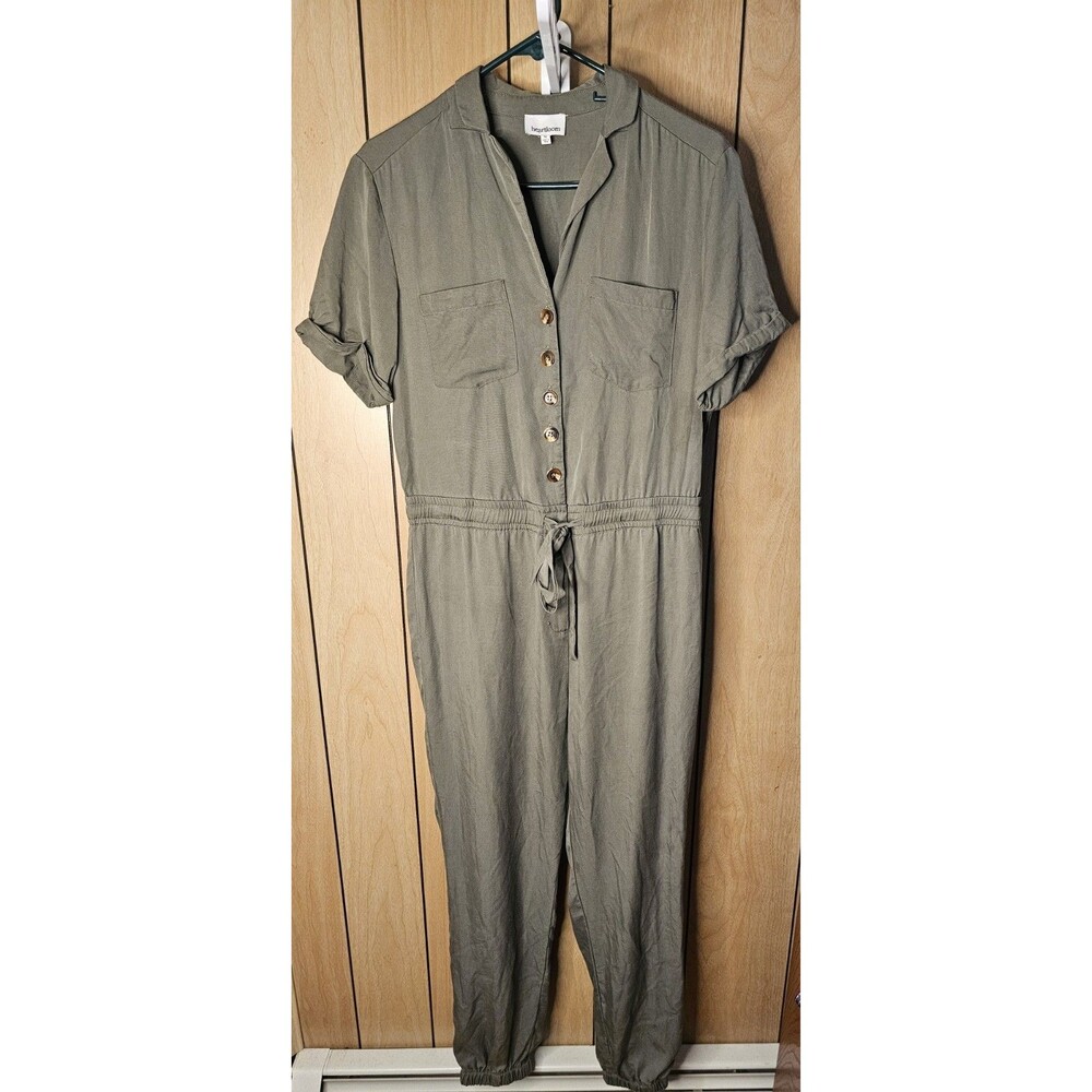 Heartloom Jumpsuit Womens M Olive Green Lyocell Button Front Drawstring Jogger